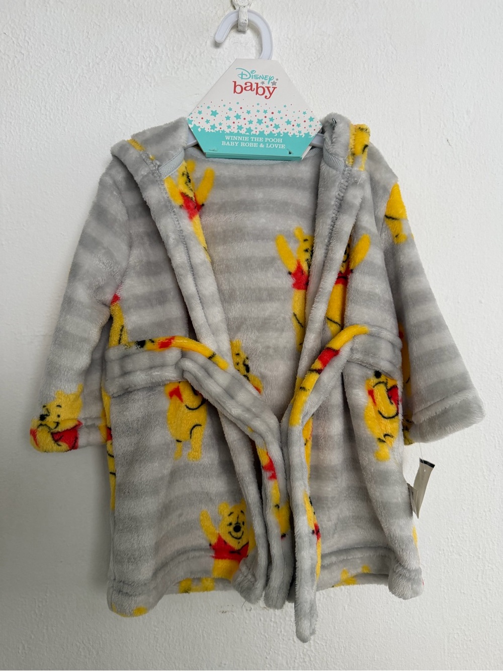 Disney Baby Gray Stripe Hooded Plush Robe with Yellow Winnie the Pooh